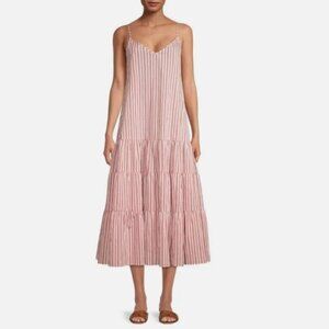BOSS Datecara White Pink Striped Sleeveless V-Neck Midi Dress Sundress Sz 4 NWT